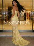 Sweetheart Trumpet Mermaid Lace Yellow Beading Prom Dress With Slit