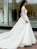 Tulle Appliques A Line Long Sleeve High Neck Lace Wedding Dress