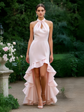 A Line High Low Ruffles Halter Satin Prom Dress