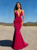 Trumpet Mermaid Fuchsia V Neck Backless Prom Dress