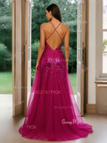 Tulle Trumpet Mermaid Fuchsia Deep V Neck Prom Dress With Slit