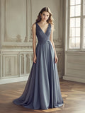 Chiffon Appliques Pleats Gray V Neck Prom Dress