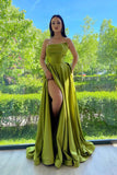 Strapless Green Satin Long Prom Dress with High Slit
