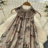 Soft Butterfly Ruched Neckline Long Dress