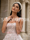 Straps A Line Pink Flowers Tulle Prom Dress