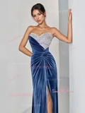 Trumpet Mermaid Blue Velvet Sequin Prom Dress With Slit