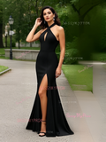 Trumpet Mermaid Black Halter Keyhole Prom Dress With Slit