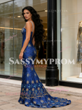 Trumpet Mermaid Royal Blue Straps Deep V Neck Embroidery Prom Dress