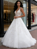 A Line Tulle Sleeveless V Neck Appliques White Wedding Dress