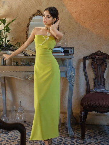 Lemon Green Sheath Column Strapless Party Dress