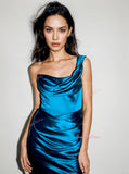 Ruched Sheath Column Blue One Shoulder Satin Prom Dress