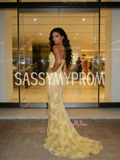 Sweetheart Trumpet Mermaid Lace Yellow Beading Prom Dress With Slit