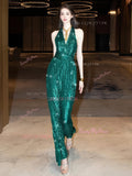 Green Sequin V Neck Sexy Jumpsuit