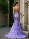 V Neck Trumpet Mermaid Purple Tulle Appliques Prom Dress