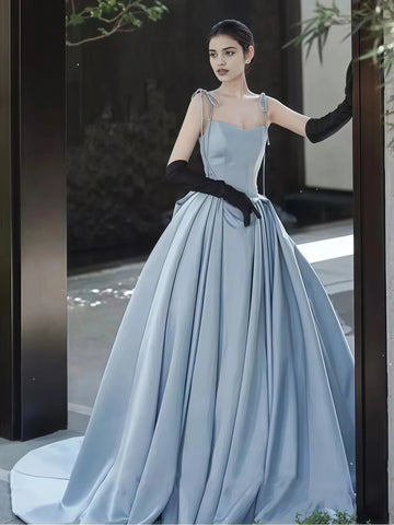 Satin A Line Tie Straps Light Blue Prom Dress
