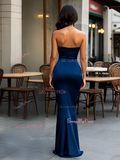 Sweetheart Sheath Column Satin Navy Blue Prom Dress