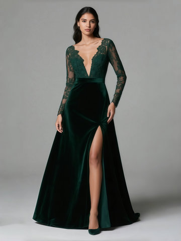 Long Sleeve Deep V Neck A Line Green Lace Velvet Prom Dress