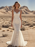 Trumpet Mermaid Lace V Neck Backless Wedding Dress