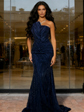 Beading Trumpet Mermaid Strapless Navy Tulle Prom Dress