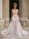 Straps A Line Pink Flowers Tulle Prom Dress
