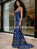Trumpet Mermaid Royal Blue Straps Deep V Neck Embroidery Prom Dress