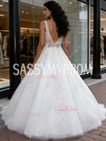 A Line Tulle Sleeveless V Neck Appliques White Wedding Dress
