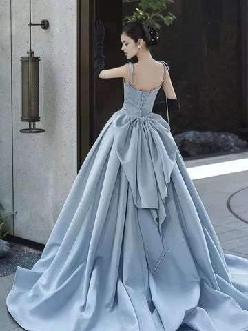 Satin A Line Tie Straps Light Blue Prom Dress US4 / Gray Satin A Line Tie Straps Light Blue Prom Dress US4 / Gray