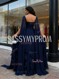 Long Sleeve Ruffles Navy Square Tulle A Line Prom Dress