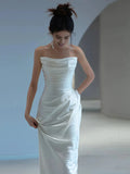 A Line Strapless Satin Ruched Wedding Dress