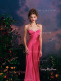 Lace Flowers Pink Elastic Satin Spaghetti Straps Prom Dress