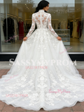Tulle Appliques A Line Long Sleeve High Neck Lace Wedding Dress