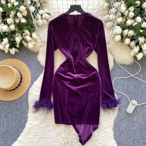 Green Unique Feather Cuff Velvet Long-Sleeve Dress 2XL / Green