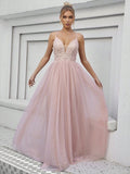 Burgundy V Neck Backless Applique Tulle Prom Dress