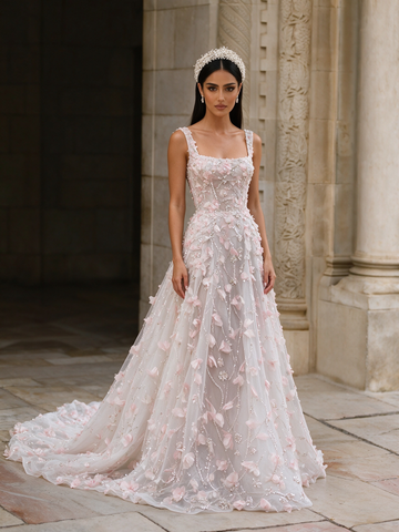 Straps A Line Pink Flowers Tulle Prom Dress