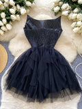 Cute Lace Up Black Short Mini Tulle Dress