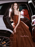 Sweetheart Tulle Ruffles Burgundy Ruched Prom Dress