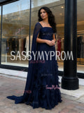 Long Sleeve Ruffles Navy Square Tulle A Line Prom Dress