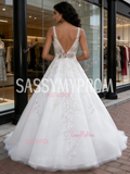 A Line Tulle Sleeveless V Neck Appliques White Wedding Dress
