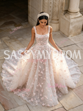 Straps A Line Pink Flowers Tulle Prom Dress