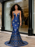 Trumpet Mermaid Royal Blue Straps Deep V Neck Embroidery Prom Dress