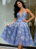 Sweetheart Tulle Blue A Line Flower Prom Dress