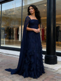 Long Sleeve Ruffles Navy Square Tulle A Line Prom Dress