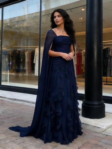 Long Sleeve Ruffles Navy Square Tulle A Line Prom Dress