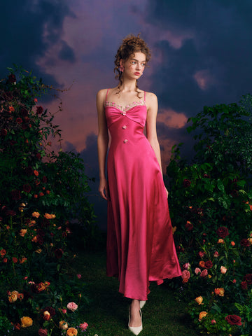 Lace Flowers Pink Elastic Satin Spaghetti Straps Prom Dress