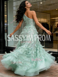One Shoulder Green Feather A Line Sparkle Prom Dress