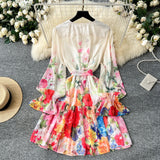 Vibrant Floral Patterns Bow Tie Waist Long-Sleeve Mini Dress