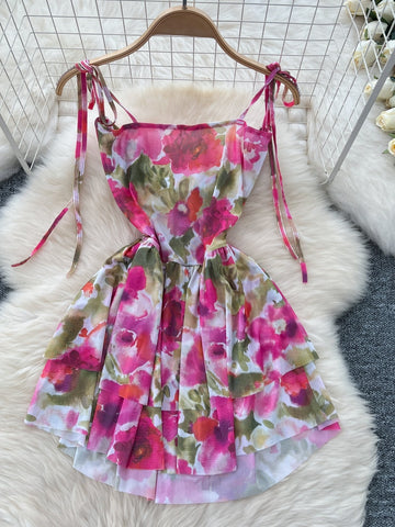 Flowy Skirt Adjustable Ties Floral Print Dress