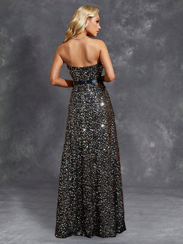 Sparkle Sequin Belt Sheer Waist Black Prom Dress US10 / White Sparkle Sequin Belt Sheer Waist Black Prom Dress US10 / White