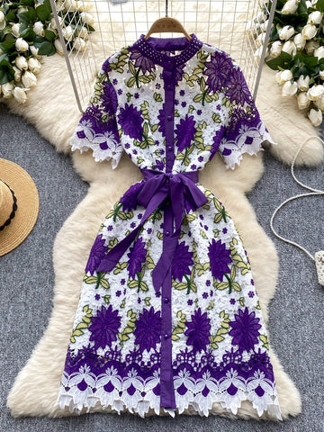 Purple Bow Floral Lace Dress