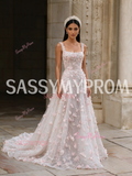 Straps A Line Pink Flowers Tulle Prom Dress